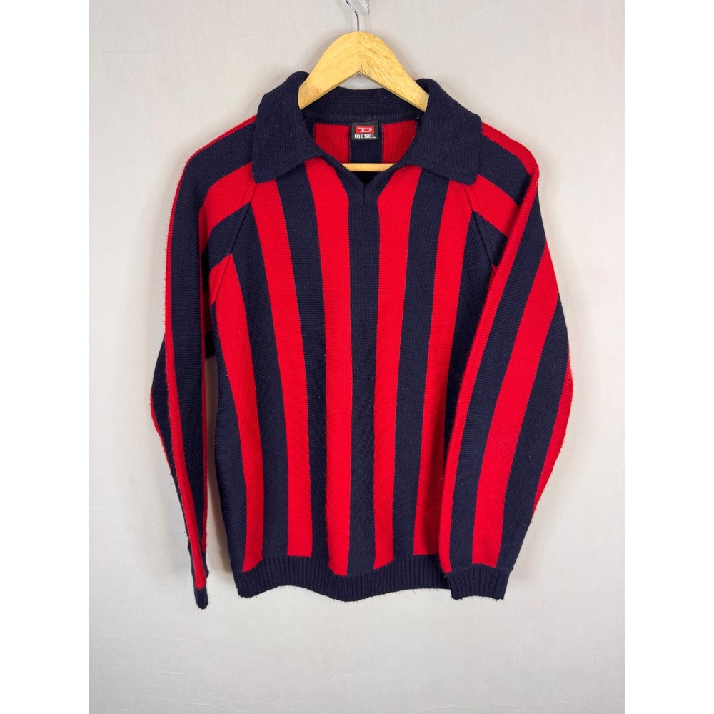 Diesel Red Navy Blue Vertical Stripe Polo Collar Knit Sweater Men M AC Milan